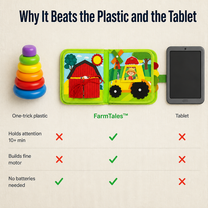 Tableau comparatif avec des anneaux à empiler en plastique, le livre en feutre ouvert et une tablette, cases cochées ou barrées. 6