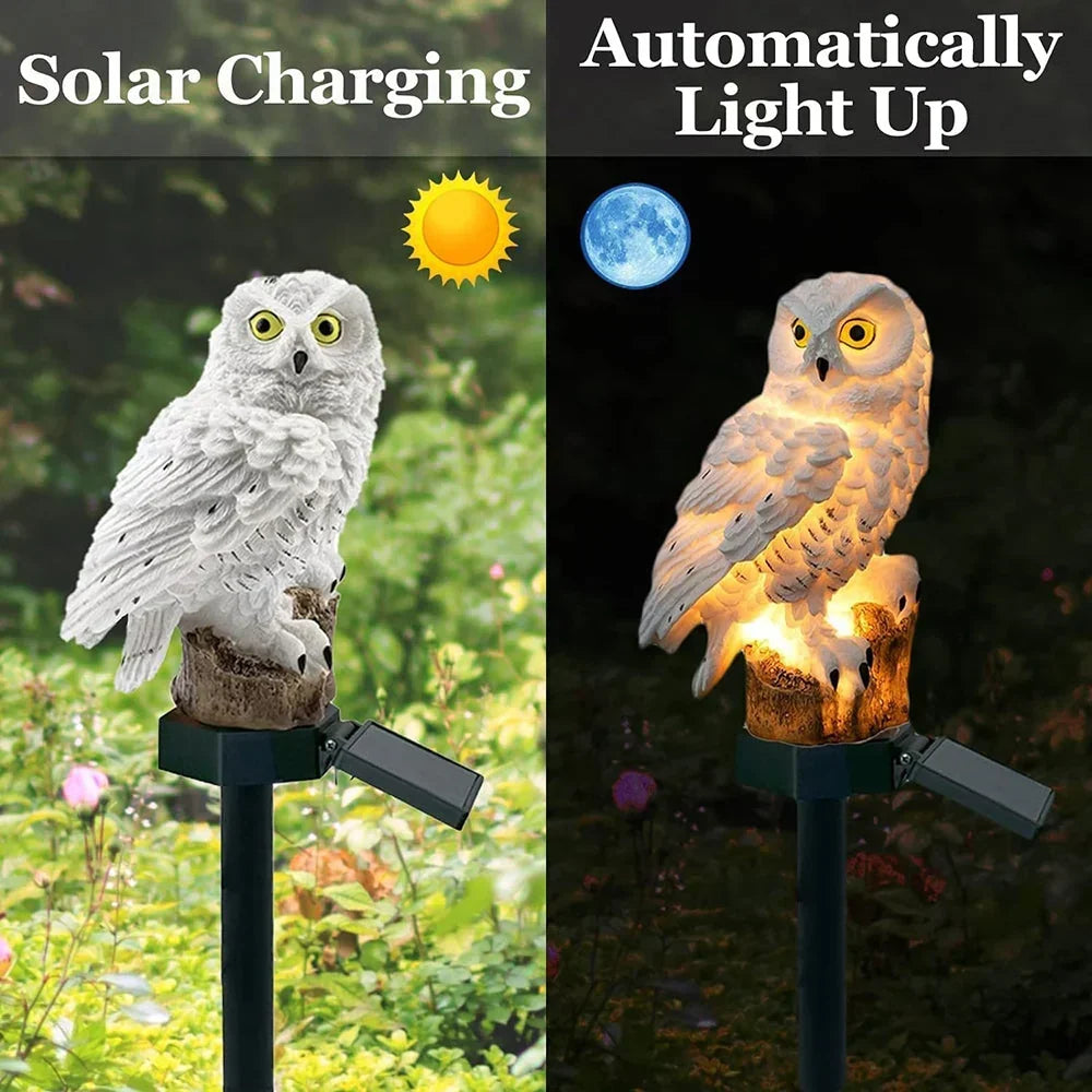 Comparaison côte à côte: hibou éteint en plein jour pour la recharge solaire, puis allumé la nuit dans le jardin. 5