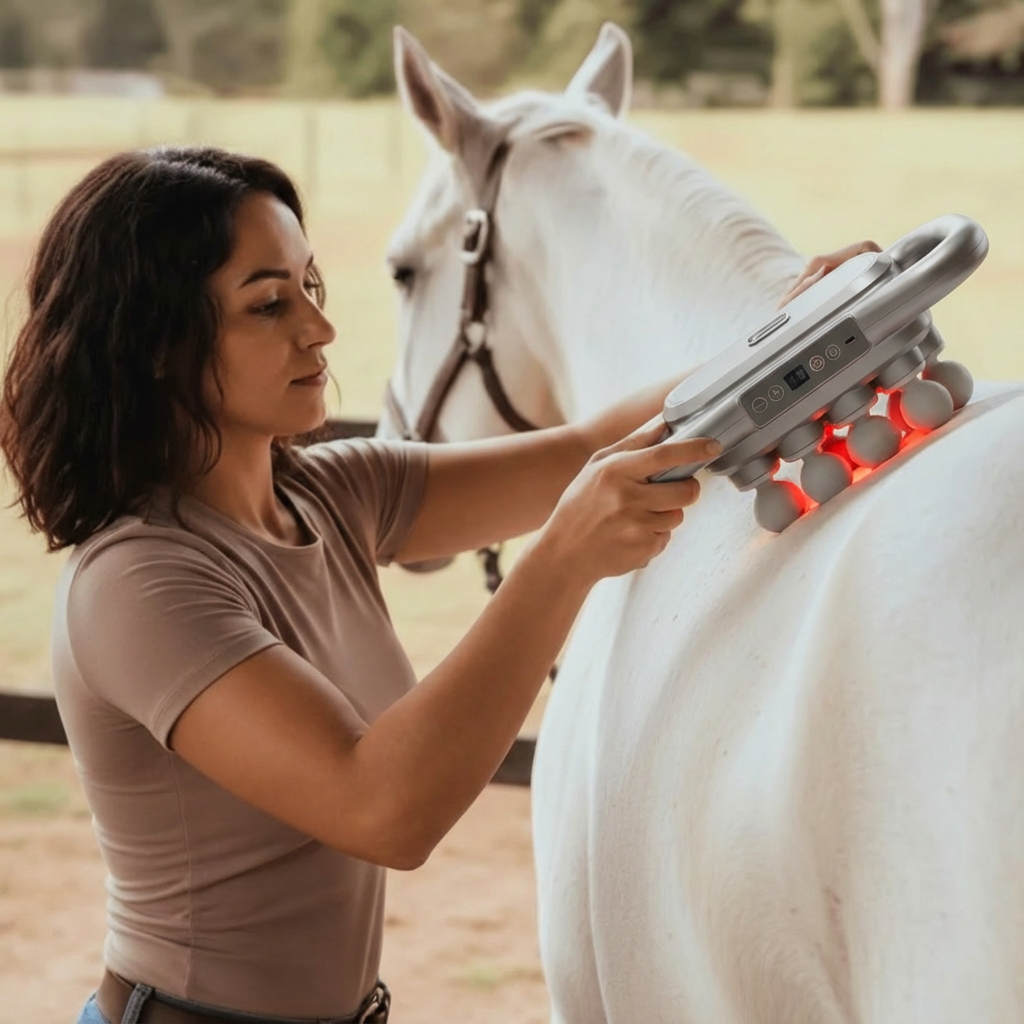 Une femme brune passe l'appareil sur le dos d'un cheval blanc, les têtes émettant une lumière rouge contre le pelage. 3