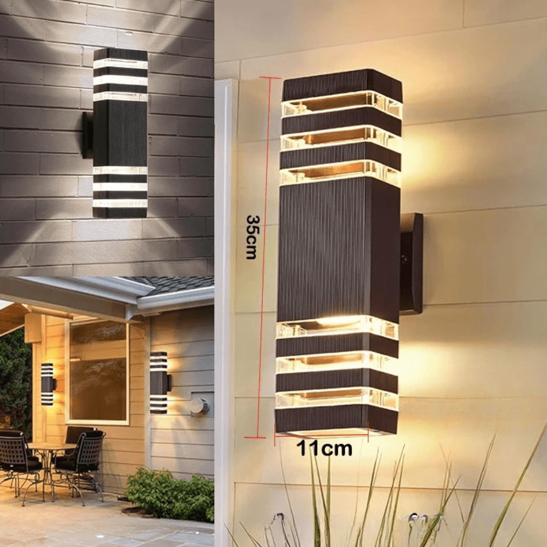 Grande applique rectangulaire allumée avec ses dimensions indiquées, accompagnée de deux vues de pose sur un mur de briques et une façade. 6