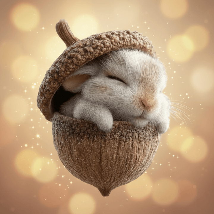 Petit lapin blanc endormi blotti dans un gland ouvert, sur fond doré scintillant 1