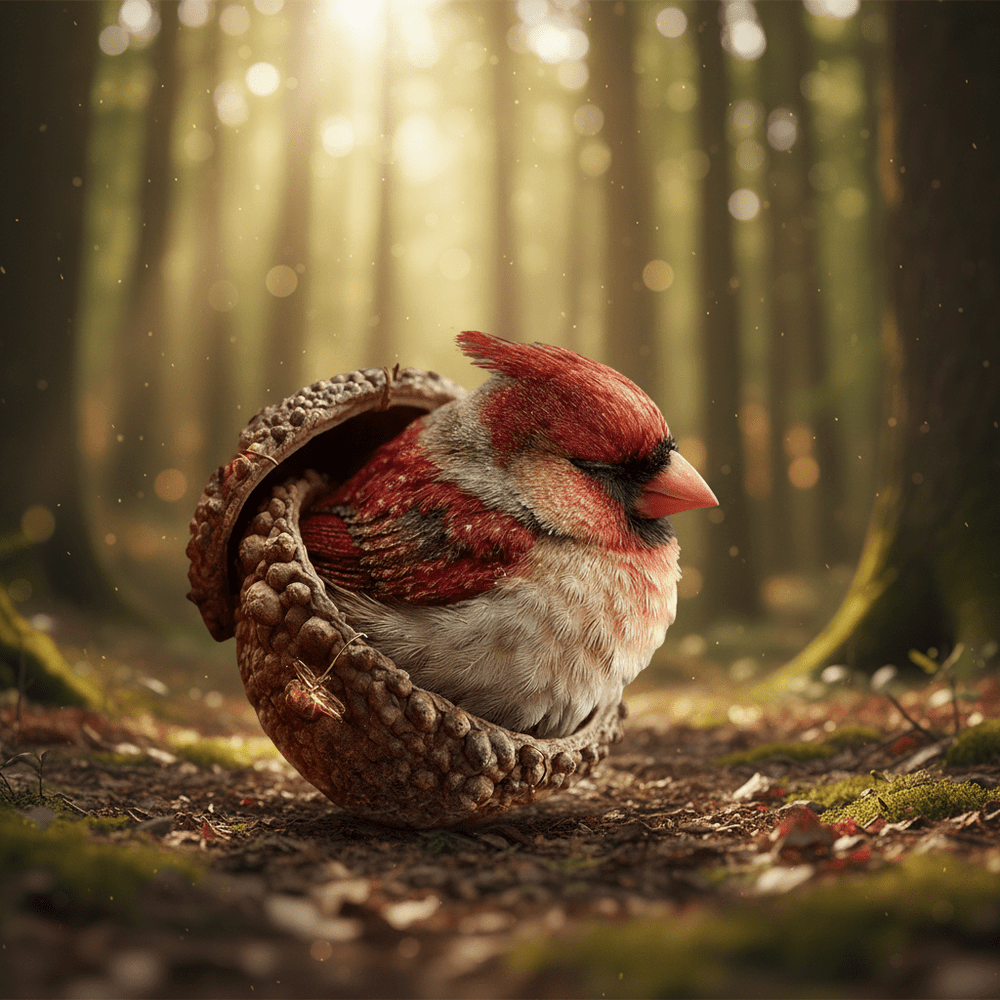 Oiseau rouge et blanc endormi dans une coque de gland posée sur le sol d'une forêt 2