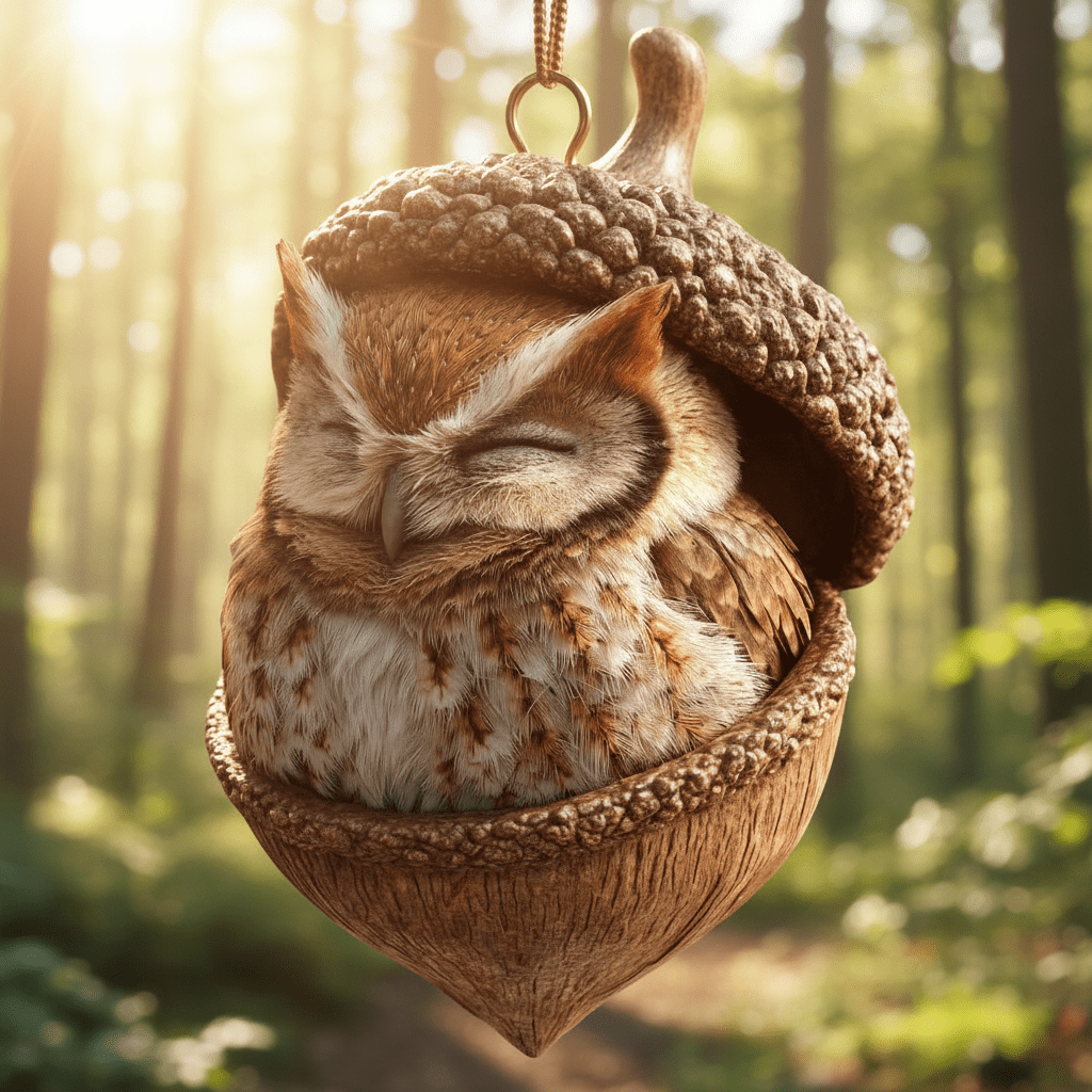 Petite chouette endormie dans un gland suspendu par un anneau doré, en forêt ensoleillée 6