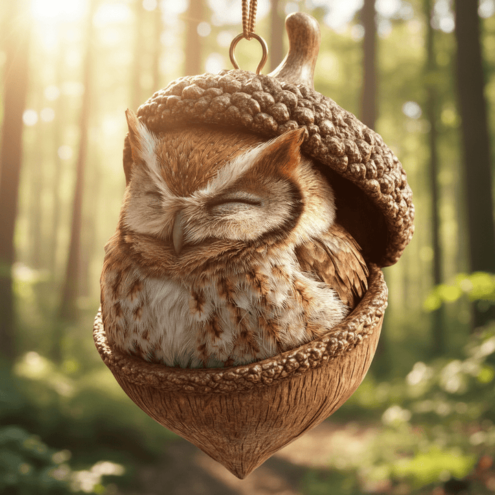 Petite chouette endormie dans un gland suspendu par un anneau doré, en forêt ensoleillée 6