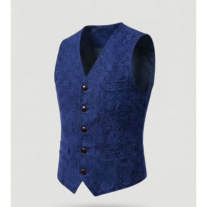 Gilet bleu roi vif à col en V, cinq boutons bruns et poches, présenté de trois quarts sur fond clair. 9