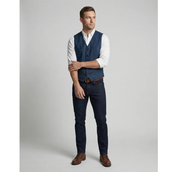 Mannequin en pied, gilet bleu sur chemise blanche, jean foncé, ceinture et chaussures en cuir marron, bras croisé. 3