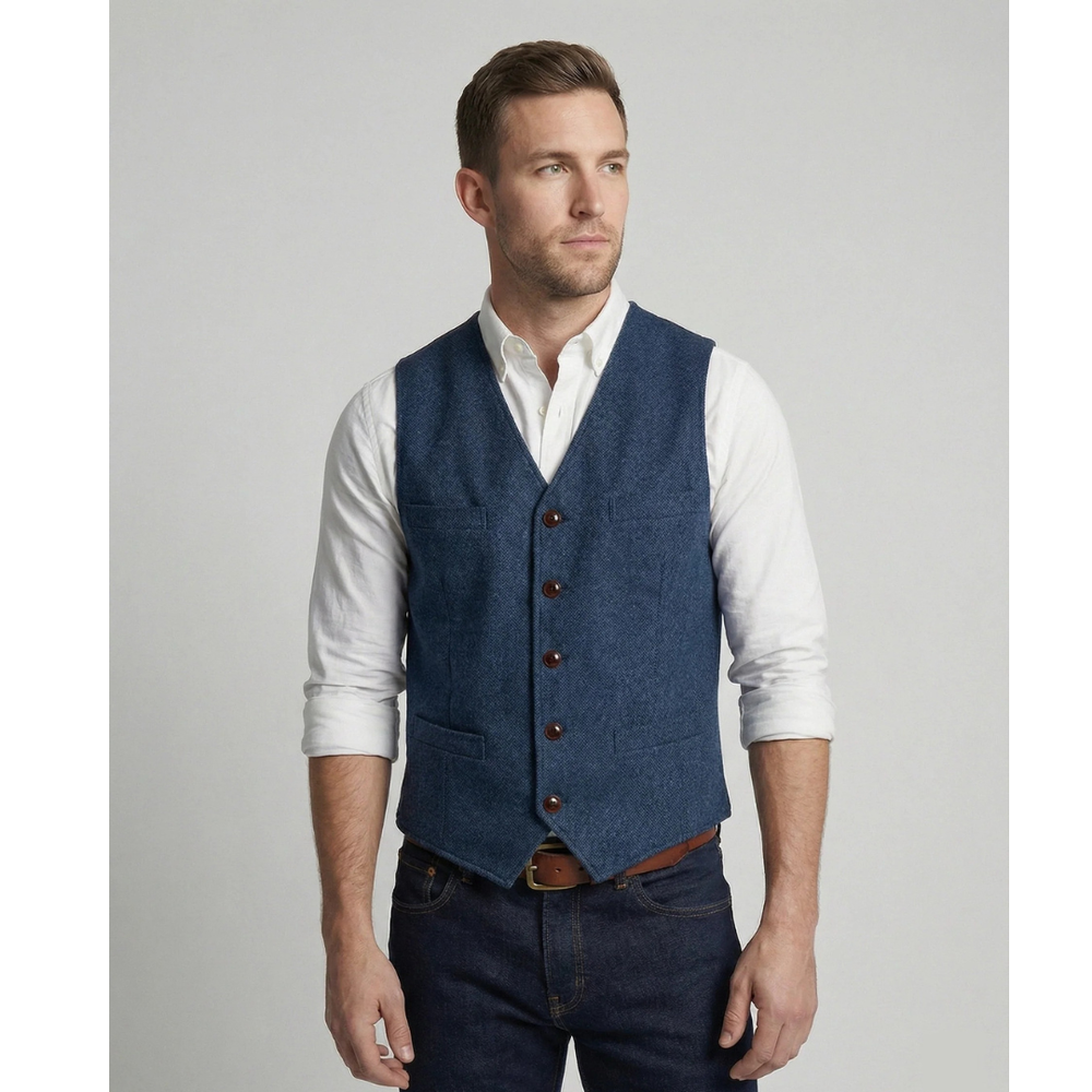 Portrait d'un mannequin en gilet bleu texturé à cinq boutons, chemise blanche aux manches retroussées et jean brut. 2