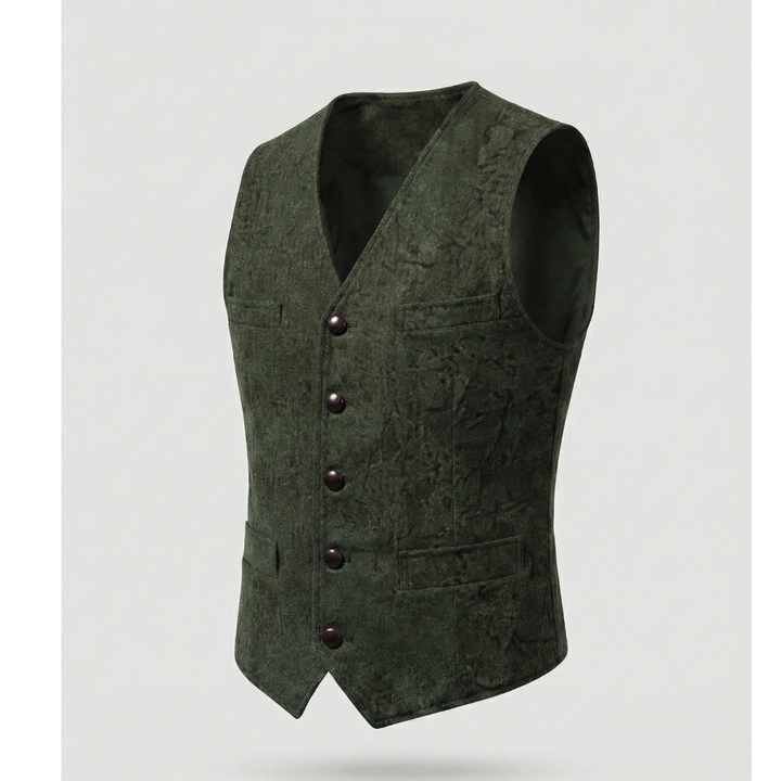 Gilet vert olive à col en V, cinq boutons et tissu à effet froissé, présenté de trois quarts sur fond clair. 7