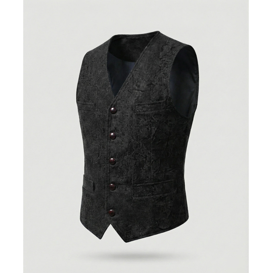 Gilet noir à col en V, cinq boutons et poches plaquées, présenté de trois quarts sur fond clair. 6