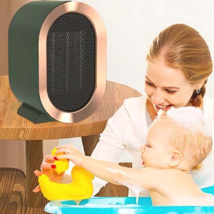 Chauffage vert sur une table en bois, à côté d'une mère et de son bébé au bain 3