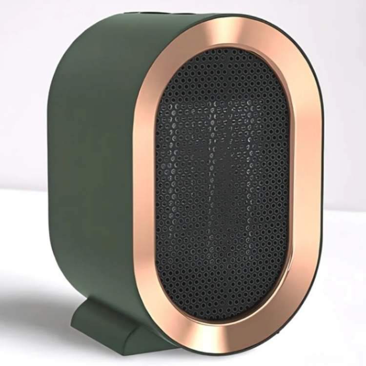 Chauffage vert vu de trois quarts, avec grille noire ovale entourée d'un anneau cuivré, sur fond clair 7