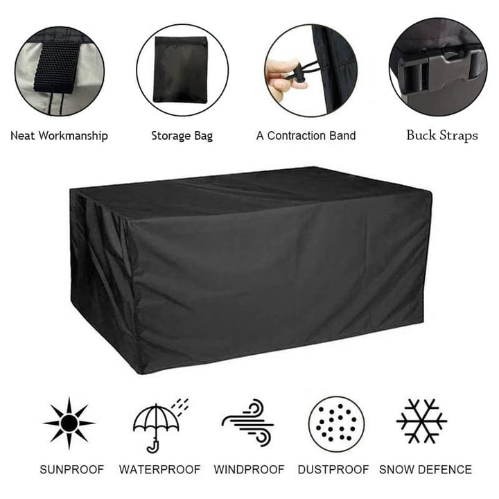 Housse noire avec détails du sac de rangement, du cordon et des sangles à boucle, et pictogrammes de protection contre soleil, pluie, vent, poussière et neige. 10