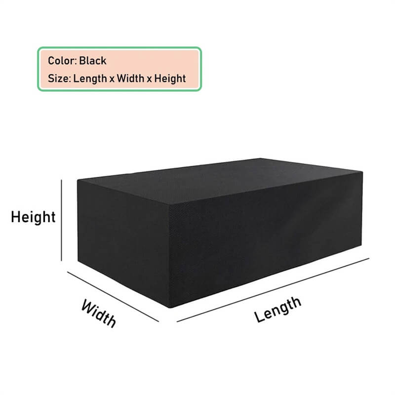 Schéma de la housse noire rectangulaire avec les flèches indiquant la longueur, la largeur et la hauteur à choisir. 12