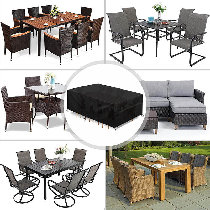 Housse noire au centre, entourée de six ensembles de mobilier de jardin en résine tressée, métal et bois qu'elle peut protéger. 2