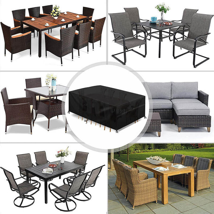 Housse noire au centre, entourée de six ensembles de mobilier de jardin en résine tressée, métal et bois qu'elle peut protéger. 2