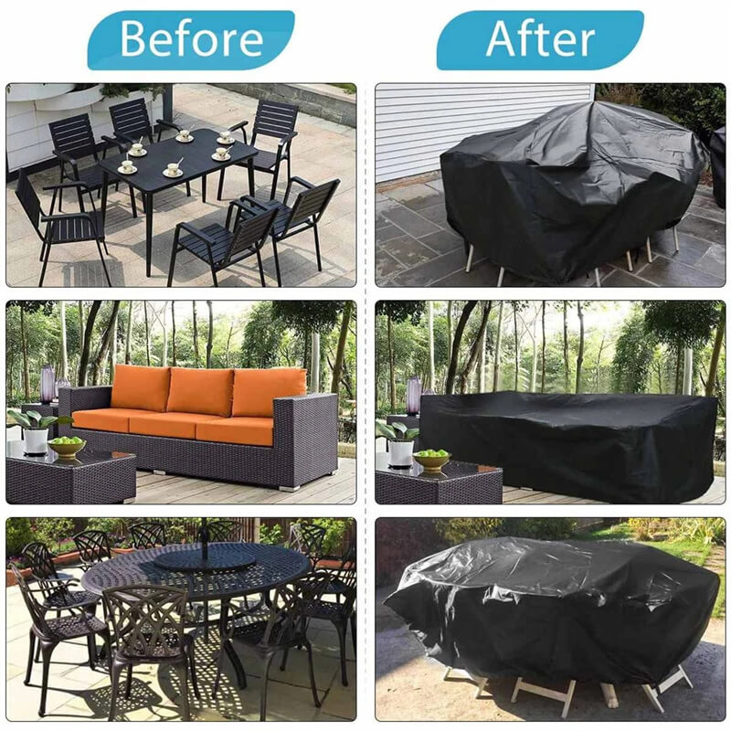 Comparaison avant et après: table, canapé et salon de jardin à découvert, puis recouverts par la housse noire. 3