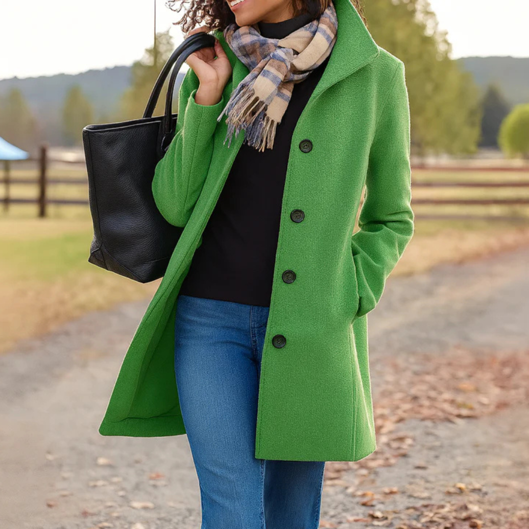 Manteau vert pomme à col montant porté avec un pull noir, un jean et une écharpe à franges, sac noir au bras, décor automnal. 10