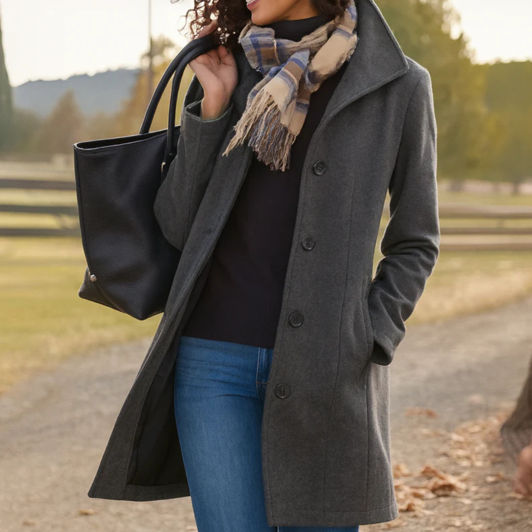 Manteau gris anthracite porté par une femme sur un chemin de campagne en automne, avec écharpe à carreaux et grand sac noir. 2