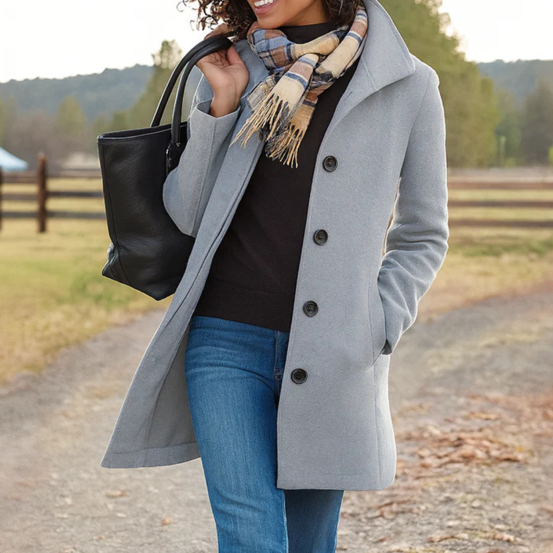 Manteau gris clair à quatre gros boutons, porté avec un pull noir, un jean et une écharpe à franges devant un décor champêtre. 4