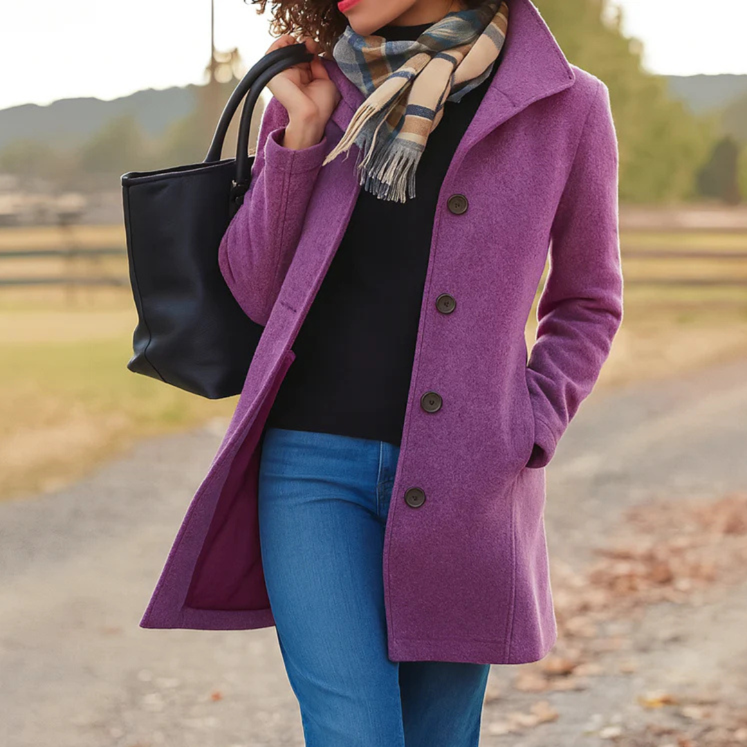 Manteau violet à col montant porté ouvert sur un pull noir et un jean, avec écharpe à carreaux et sac noir en extérieur. 5