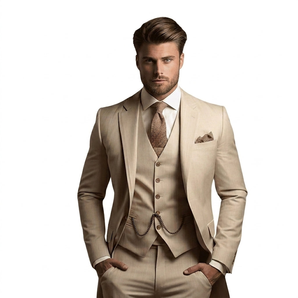 Homme portant le costume trois pièces beige clair à fines rayures, gilet orné d'une chaînette, cravate et pochette assorties. 2