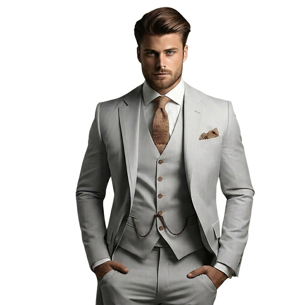 Homme portant le costume trois pièces gris clair, avec gilet à chaînette, cravate et pochette tissées de ton cuivré. 3