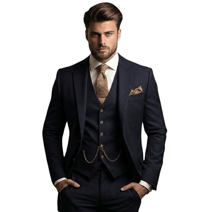 Homme portant le costume trois pièces bleu marine, avec cravate et pochette beige texturées, mains dans les poches, sur fond blanc. 1