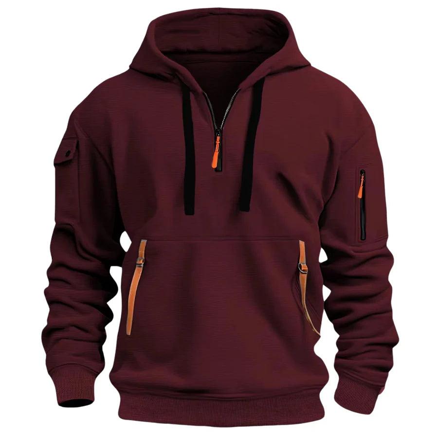 Sweat bordeaux à demi-zip, cordons noirs et sangles orange sur la poche kangourou, vue de face 5