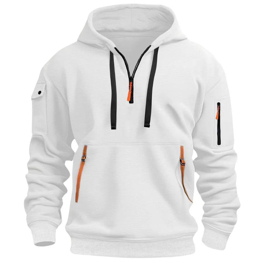 Sweat blanc à demi-zip, cordons noirs et sangles orange sur la poche ventrale, vue de face 6
