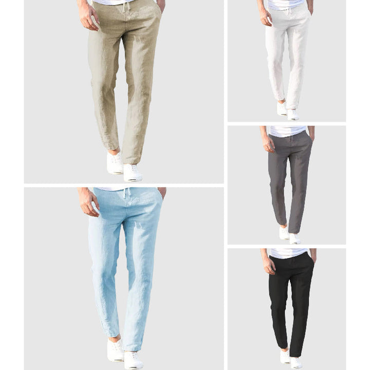Planche regroupant cinq modèles portant le pantalon dans cinq coloris : beige, blanc, gris, bleu ciel et noir. 7
