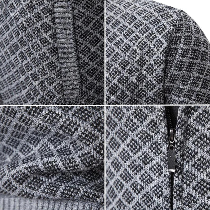 Quatre gros plans du cardigan gris : poche côtelée, maille en losanges, tissu froissé et tirette de la fermeture 6