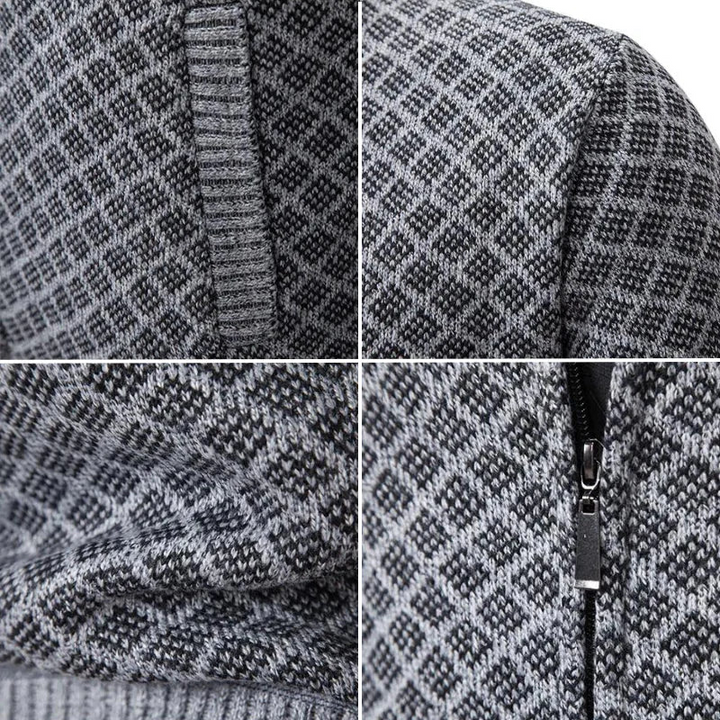 Quatre gros plans du cardigan gris : poche côtelée, maille en losanges, tissu froissé et tirette de la fermeture 6
