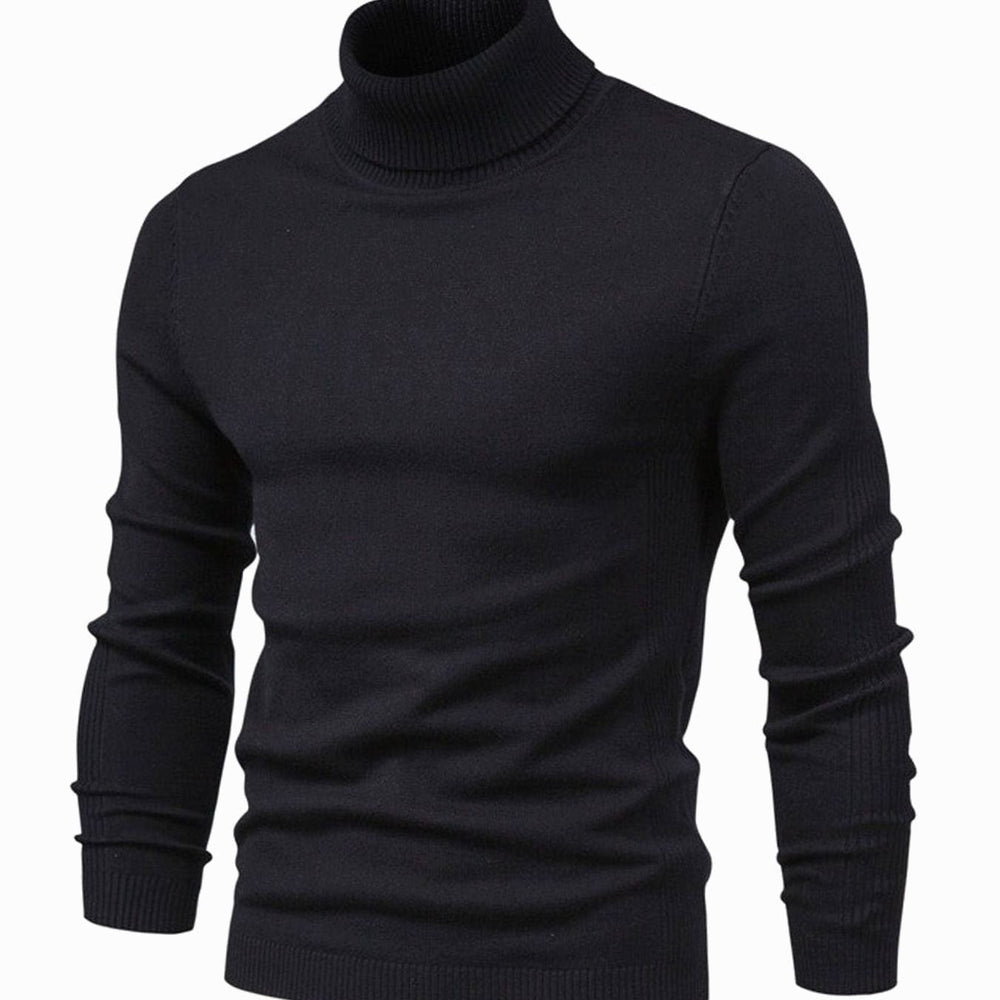 Pull à col roulé noir vu de face, coupe ajustée avec col et bas côtelés 2