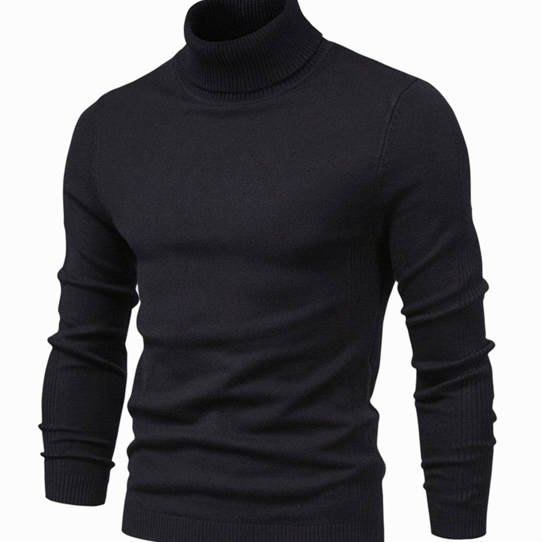 Pull à col roulé noir vu de face, coupe ajustée avec col et bas côtelés 2