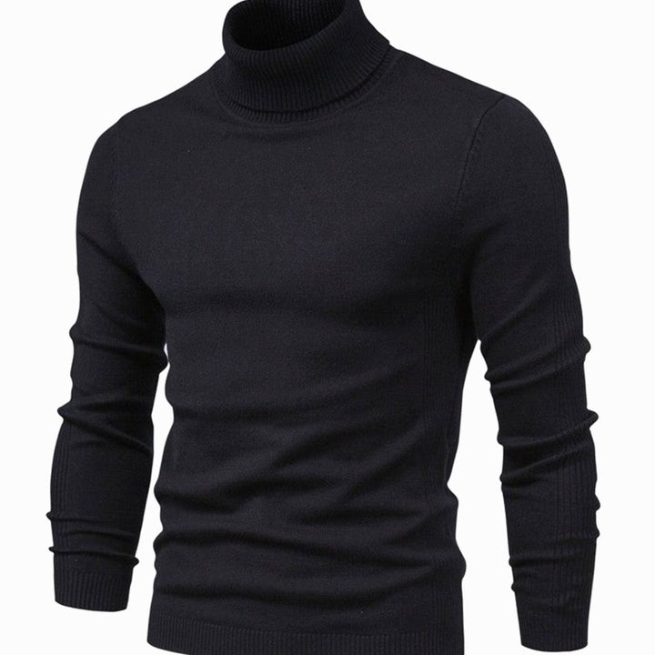 Pull à col roulé noir vu de face, coupe ajustée avec col et bas côtelés 2