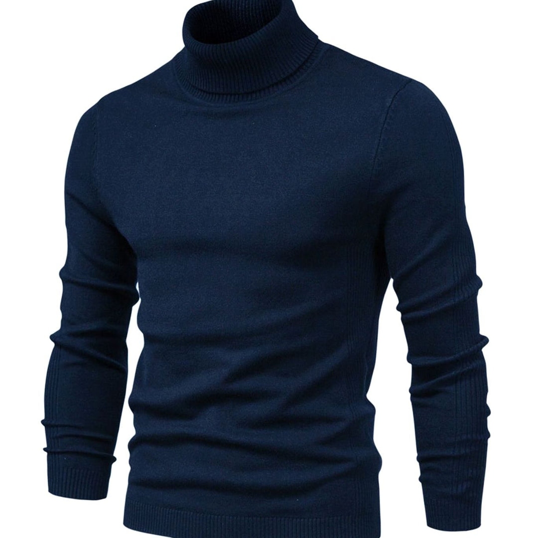 Pull à col roulé bleu marine vu de face, coupe slim avec bas et poignets côtelés 7