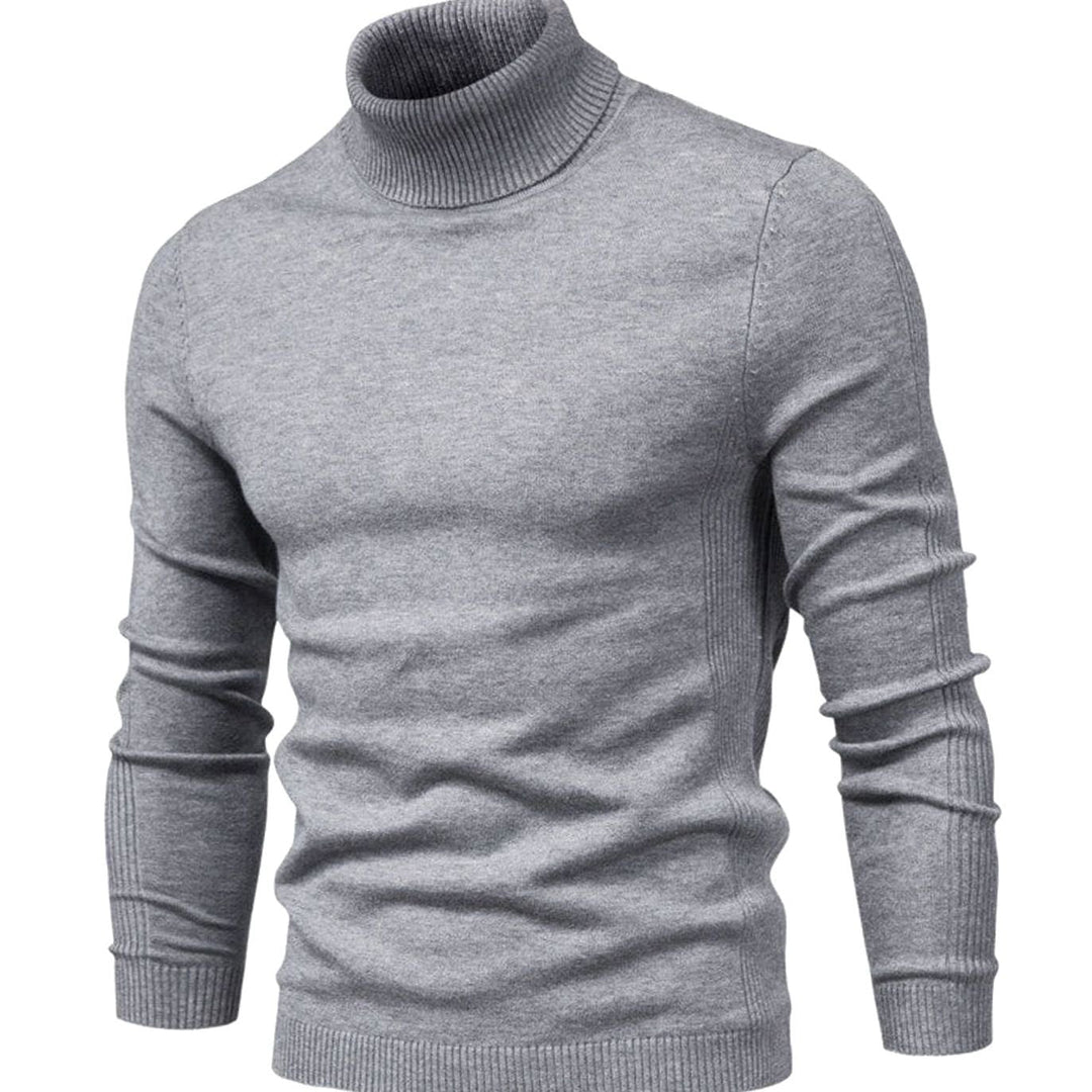 Pull à col roulé côtelé gris chiné, vue de face avec manches longues et poignets côtelés 1