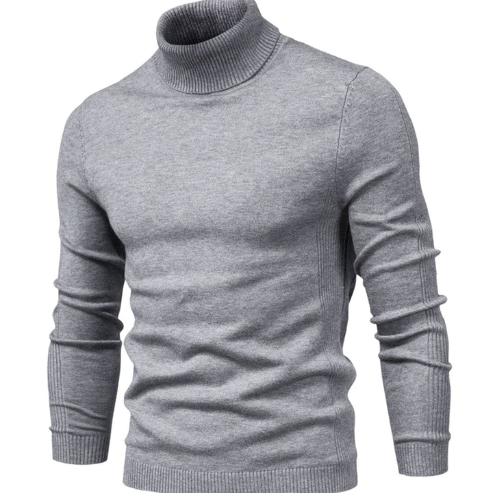 Pull à col roulé côtelé gris chiné, vue de face avec manches longues et poignets côtelés 1