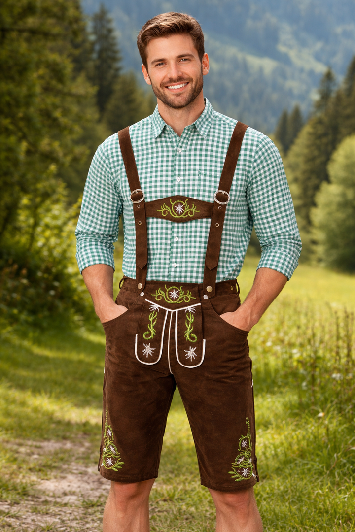 Même homme en lederhose brune à bretelles et broderies vertes, chemise à carreaux, posant dans une prairie de montagne verdoyante. 2