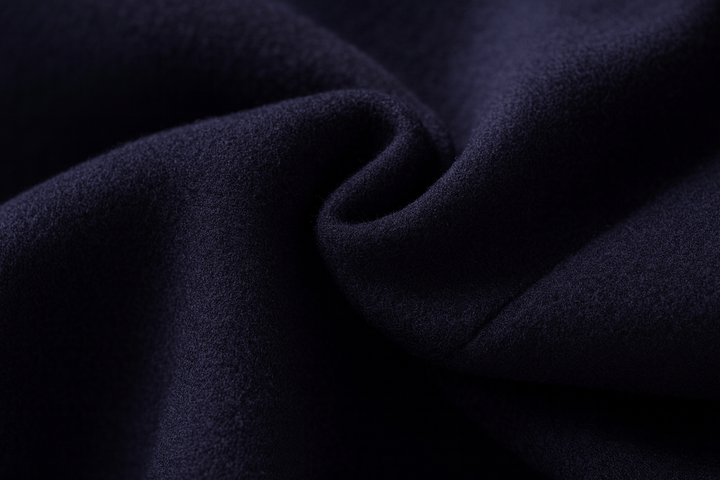 Gros plan sur le tissu de laine bleu marine, drapé en pli doux pour montrer sa texture 11