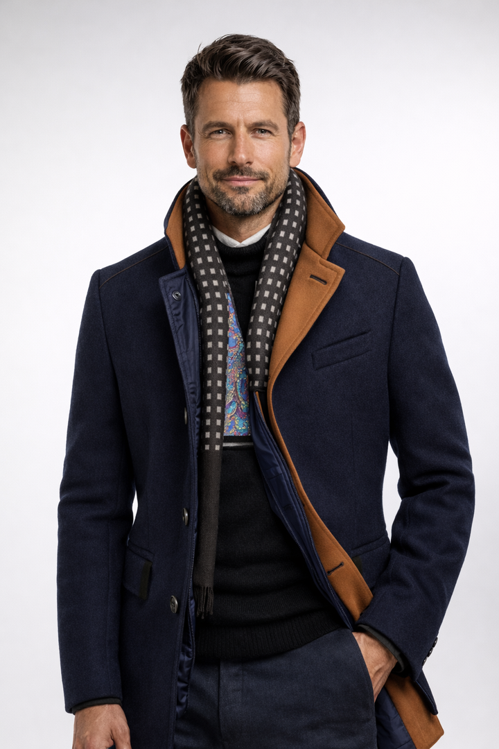 Homme portant le manteau bleu marine ouvert avec une écharpe à carreaux, un pull noir et la main dans la poche 12