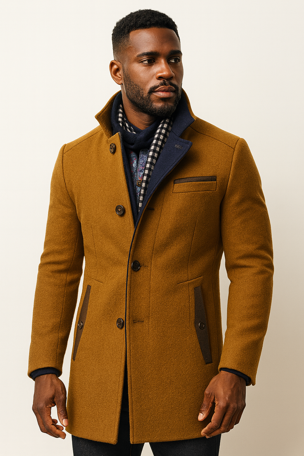 Homme portant le manteau fauve boutonné avec écharpe à carreaux, parements bruns aux poches et regard de côté 15