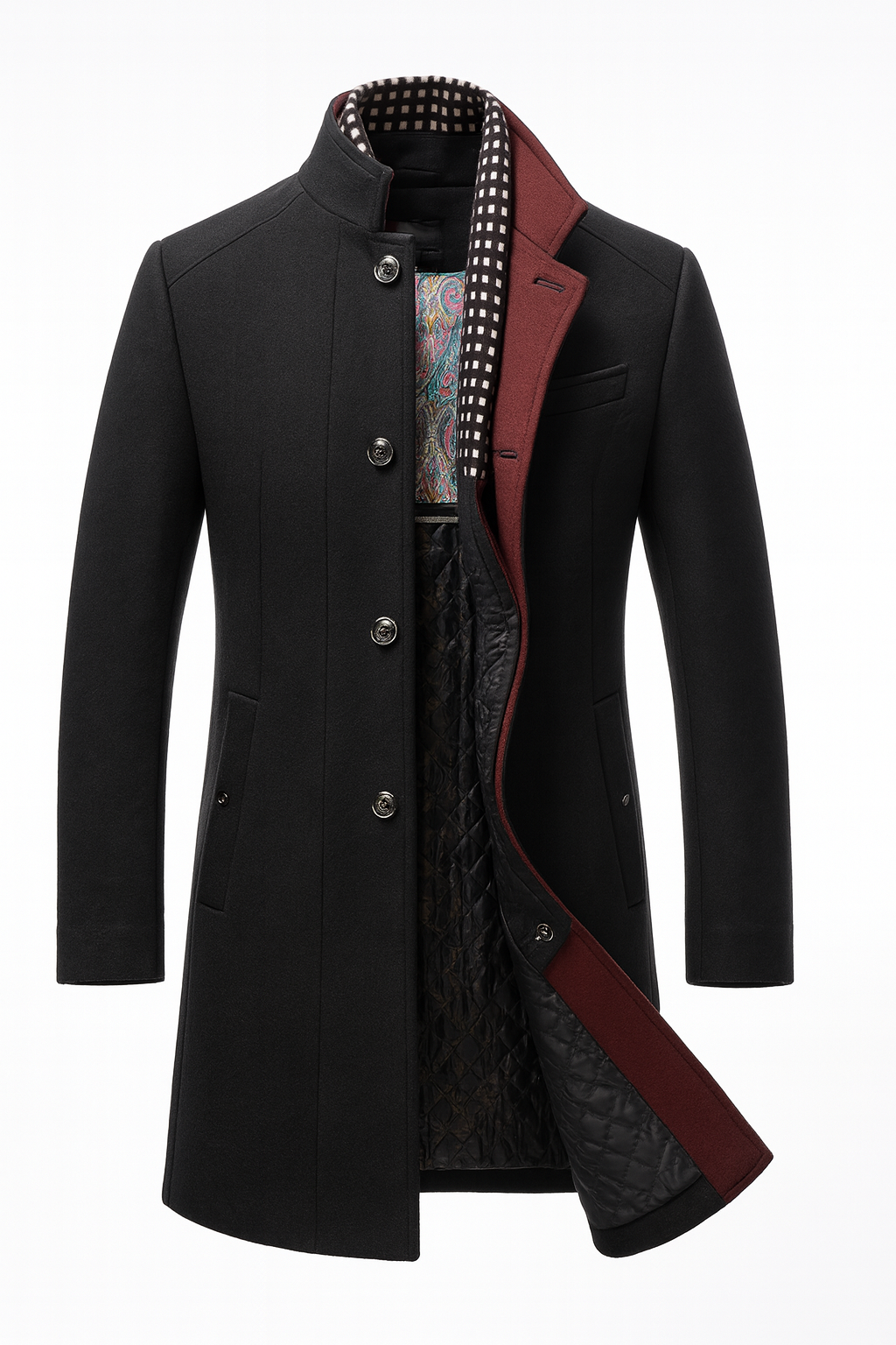 Version noire du manteau, ouverte sur doublure matelassée, avec revers bordeaux et écharpe à carreaux 3