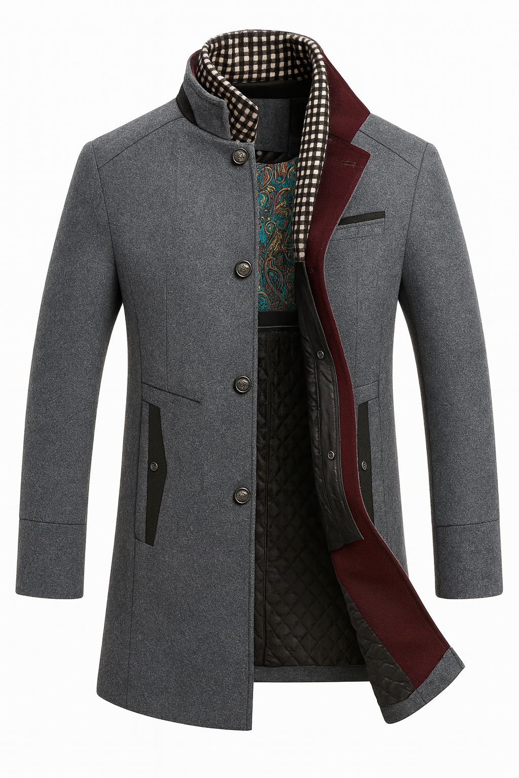 Version gris chiné du manteau, ouverte sur doublure matelassée noire, avec revers bordeaux et écharpe à carreaux 4