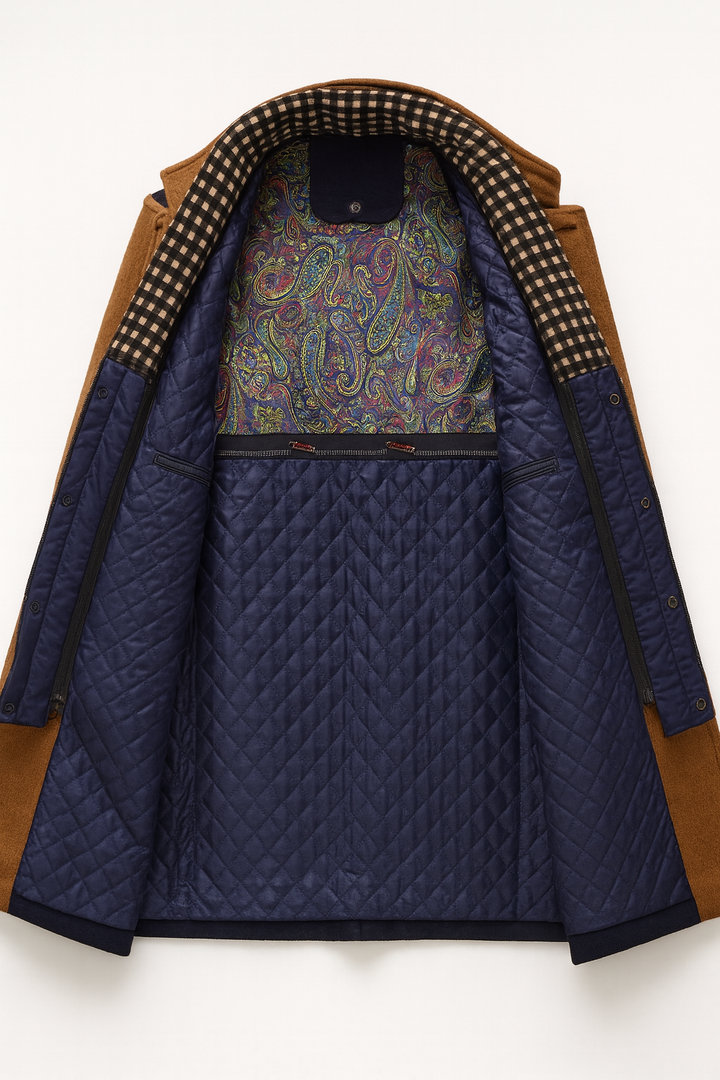 Intérieur du manteau grand ouvert montrant la doublure matelassée bleu marine et le plastron à motif cachemire 6
