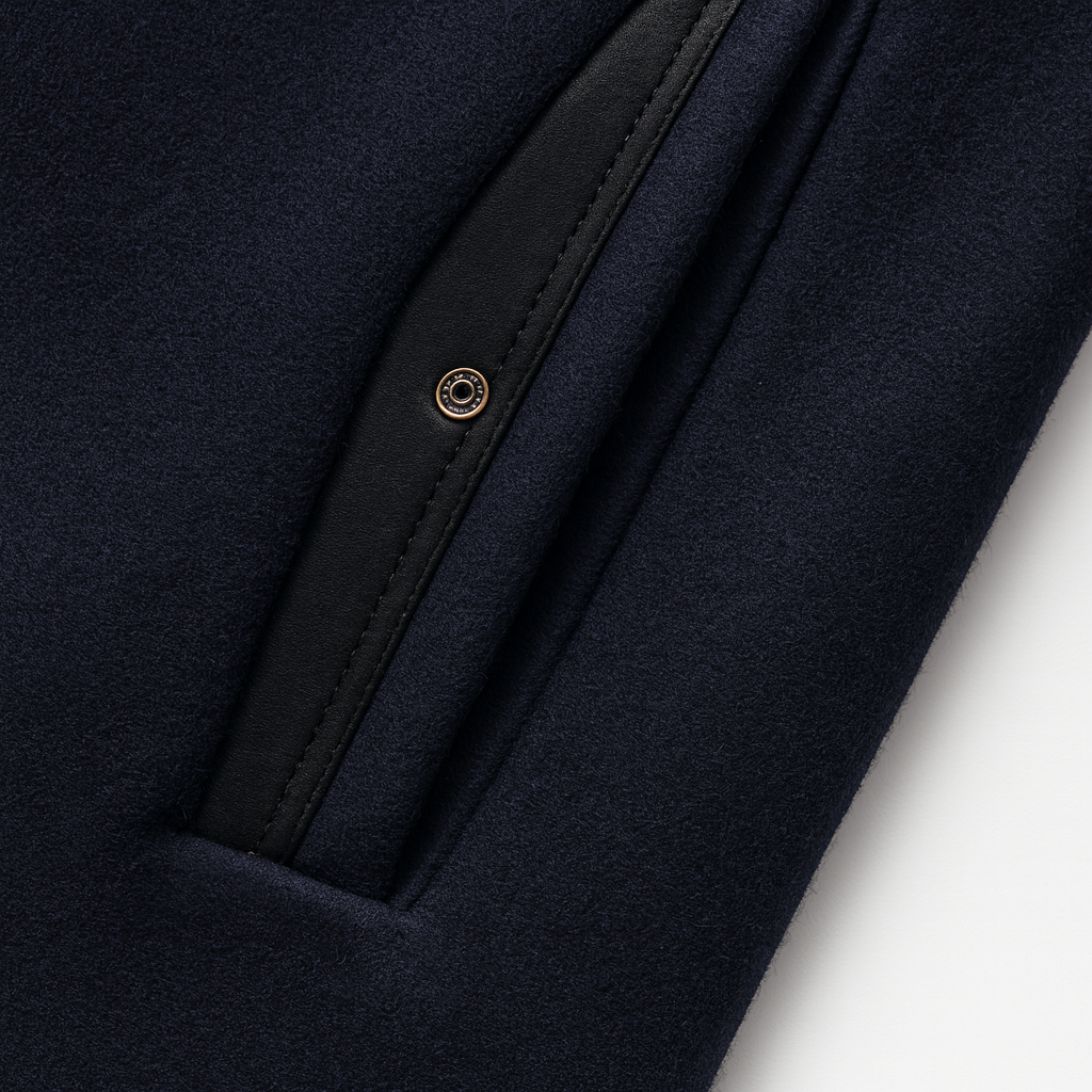 Gros plan sur une poche latérale en laine bleu marine bordée de noir, avec un petit bouton-pression 9