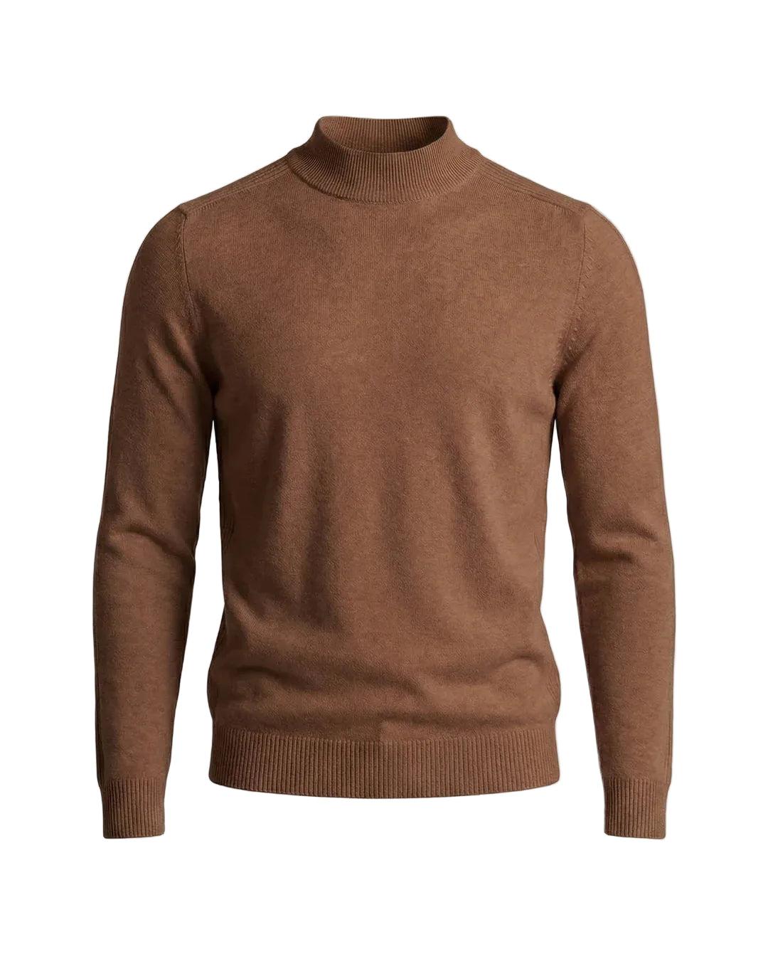 Pull marron caramel à col montant et bords côtelés, vu de face à plat 3