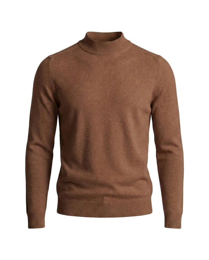 Pull marron caramel à col montant et bords côtelés, vu de face à plat 3