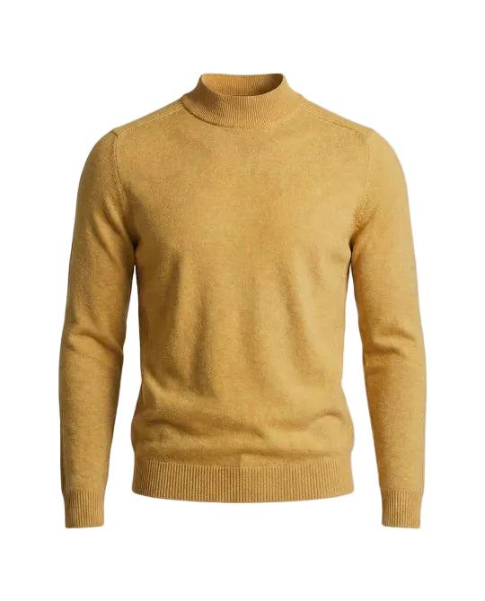 Pull jaune moutarde à col montant, présenté à plat de face avec poignets côtelés 4