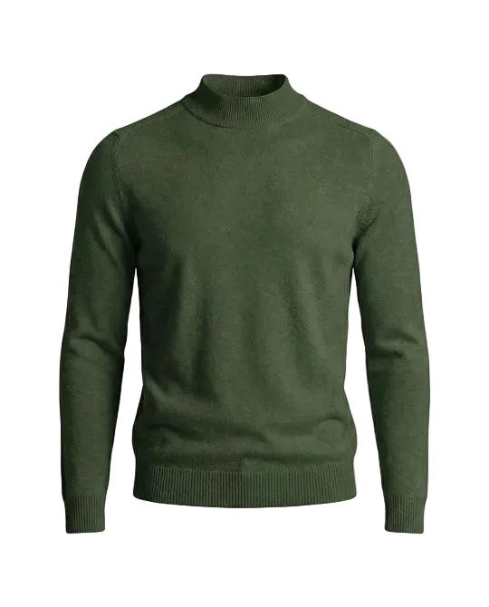Pull vert foncé à col montant, vu de face à plat, avec bas et poignets côtelés 5
